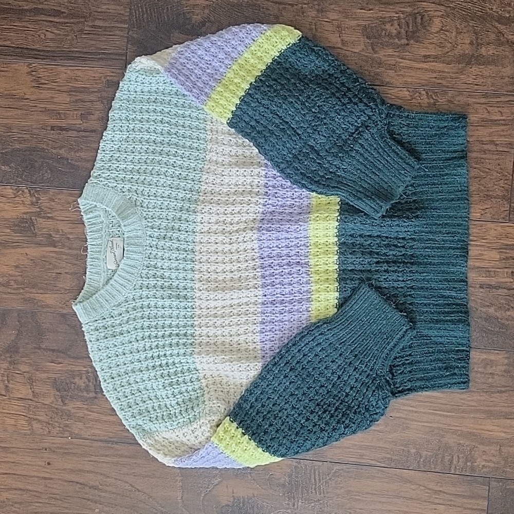 Universal Thread  Puff Sleeve Color Block Sweater sz small aqua lilac cream